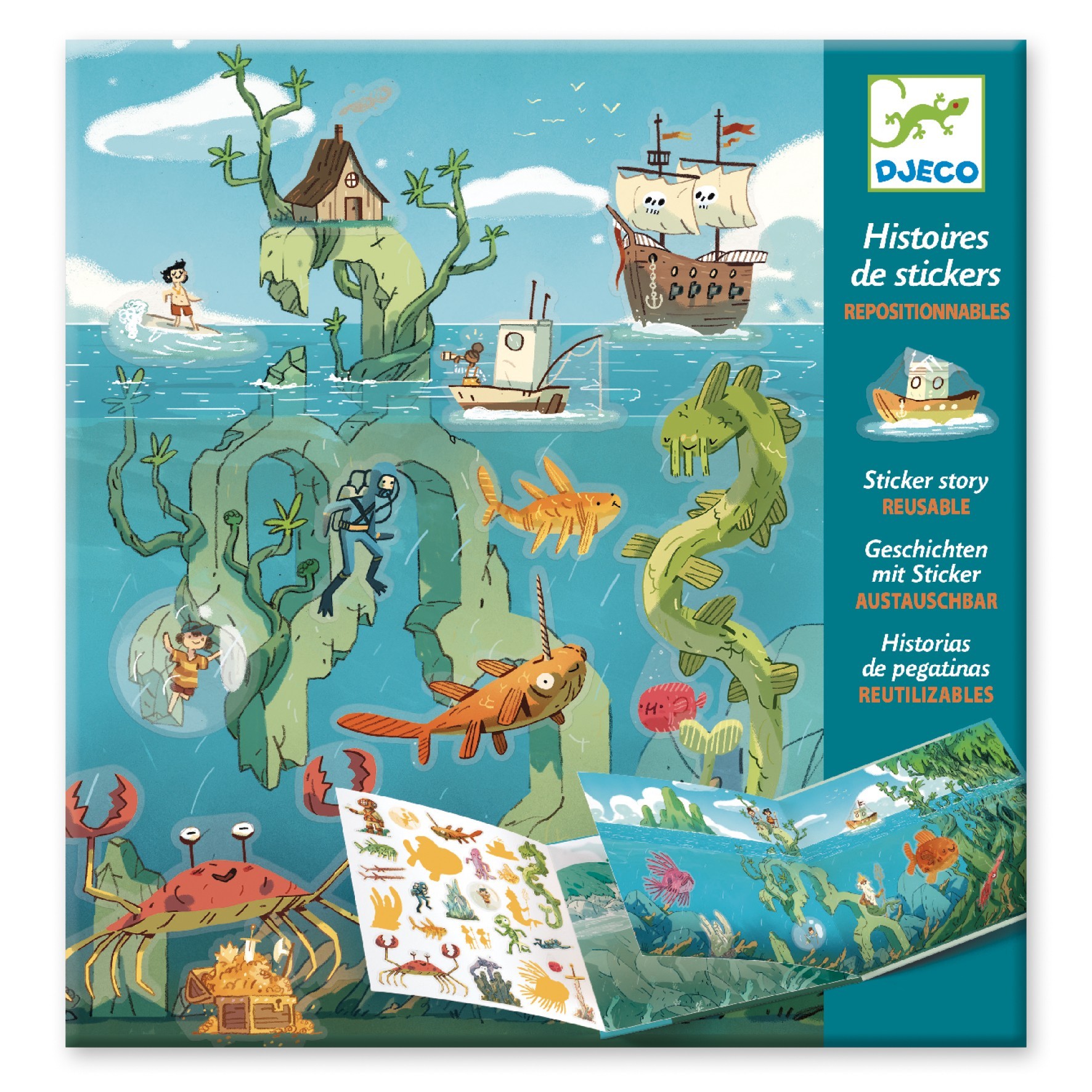 djeco stickerboek stickerverhalen avonturen op zee herplakbaar herbruikbaar DJ08953